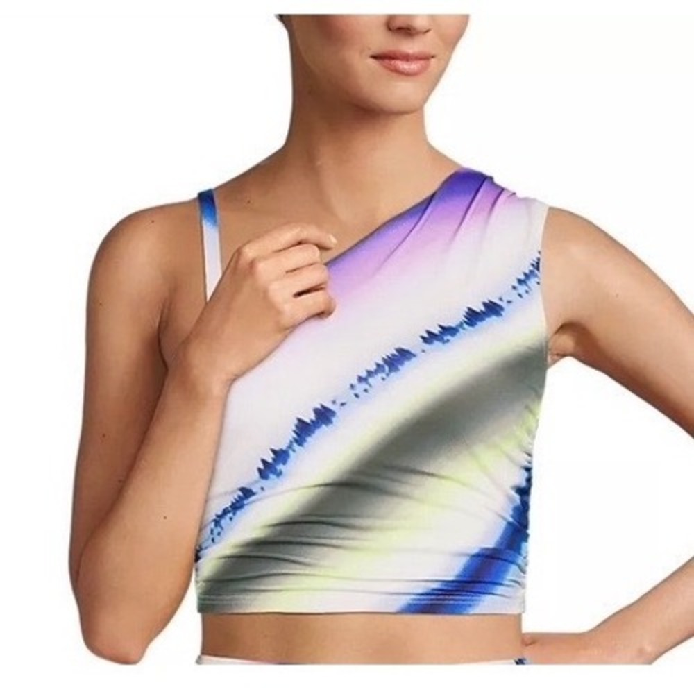Lands End Women's 16W One Shoulder Tankini Top Tie Dye Stripe Blue Yellow New